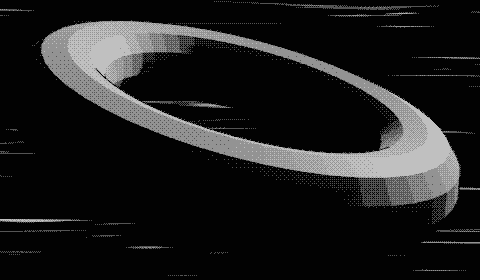 high contrast computergenerated black and white torus in midair in front of black background