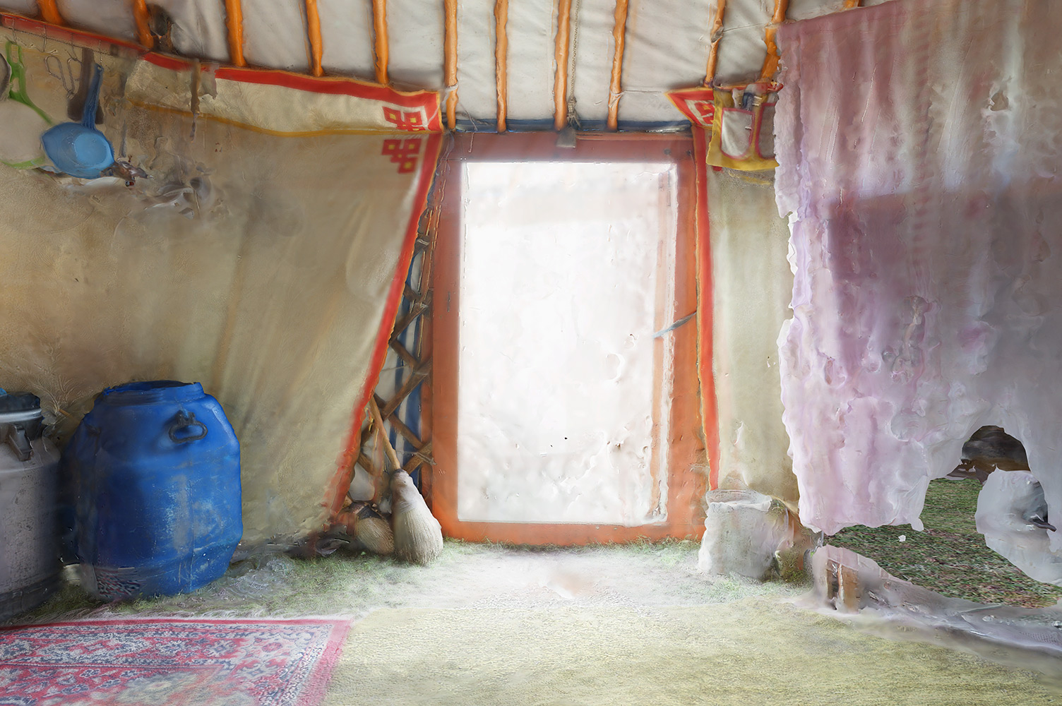 3D scan of entrance of a mongolian ger from inside with lots of artefacts