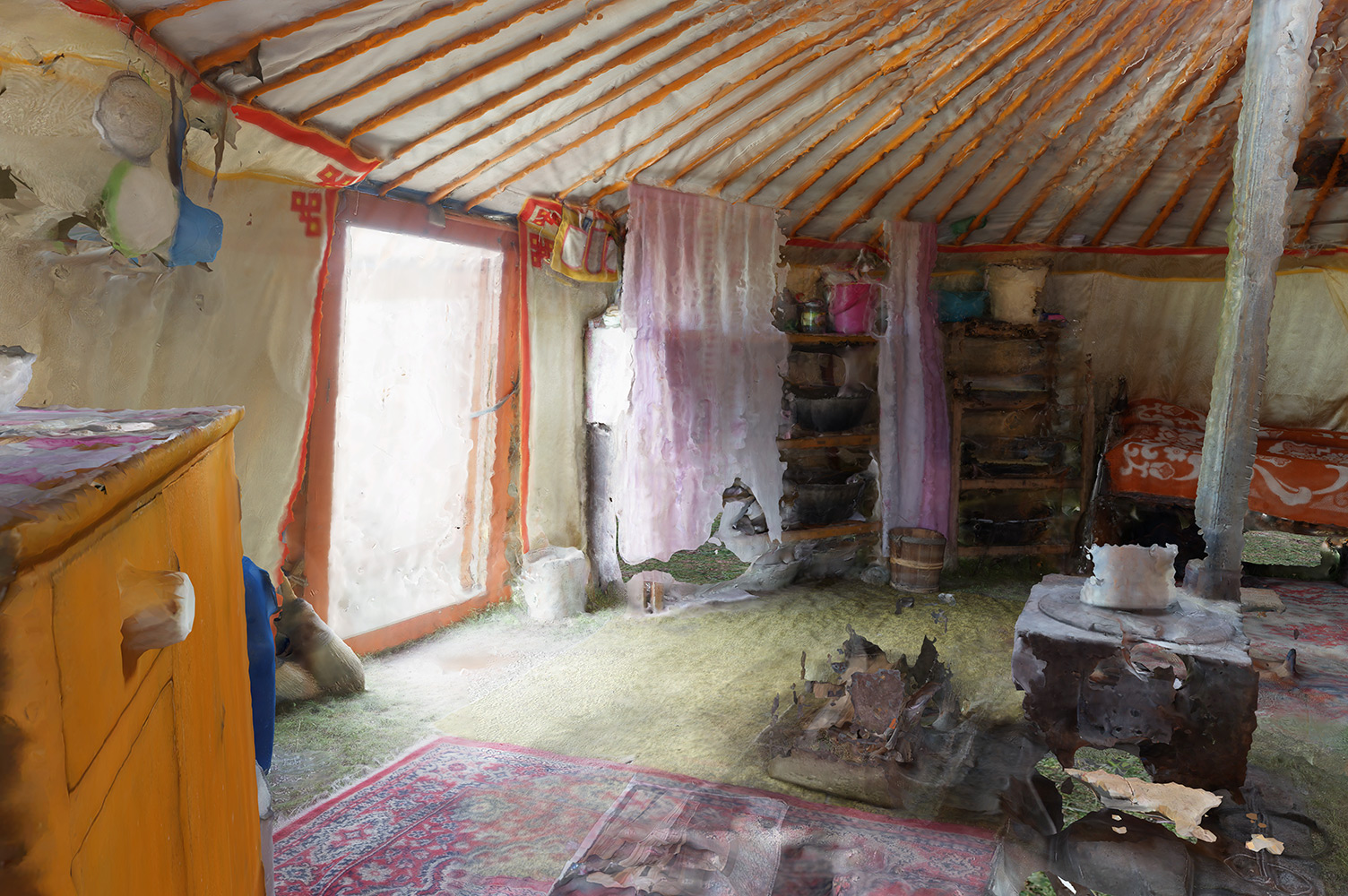 3D scan of mongolian ger with shelves, stove, cupboard and bed visible