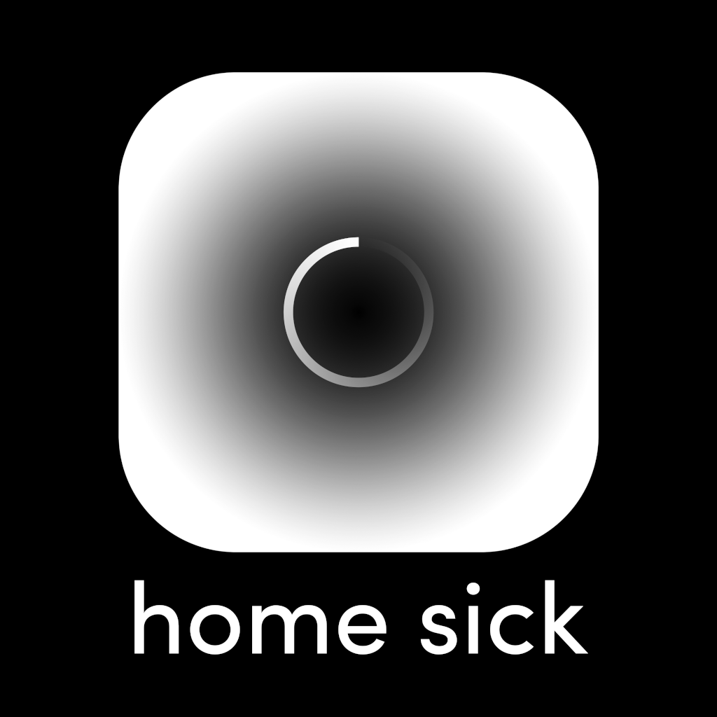 app icon (radial gradient from inner black to outer white with overlayed loading icon) and name of diploma project 'home sick'