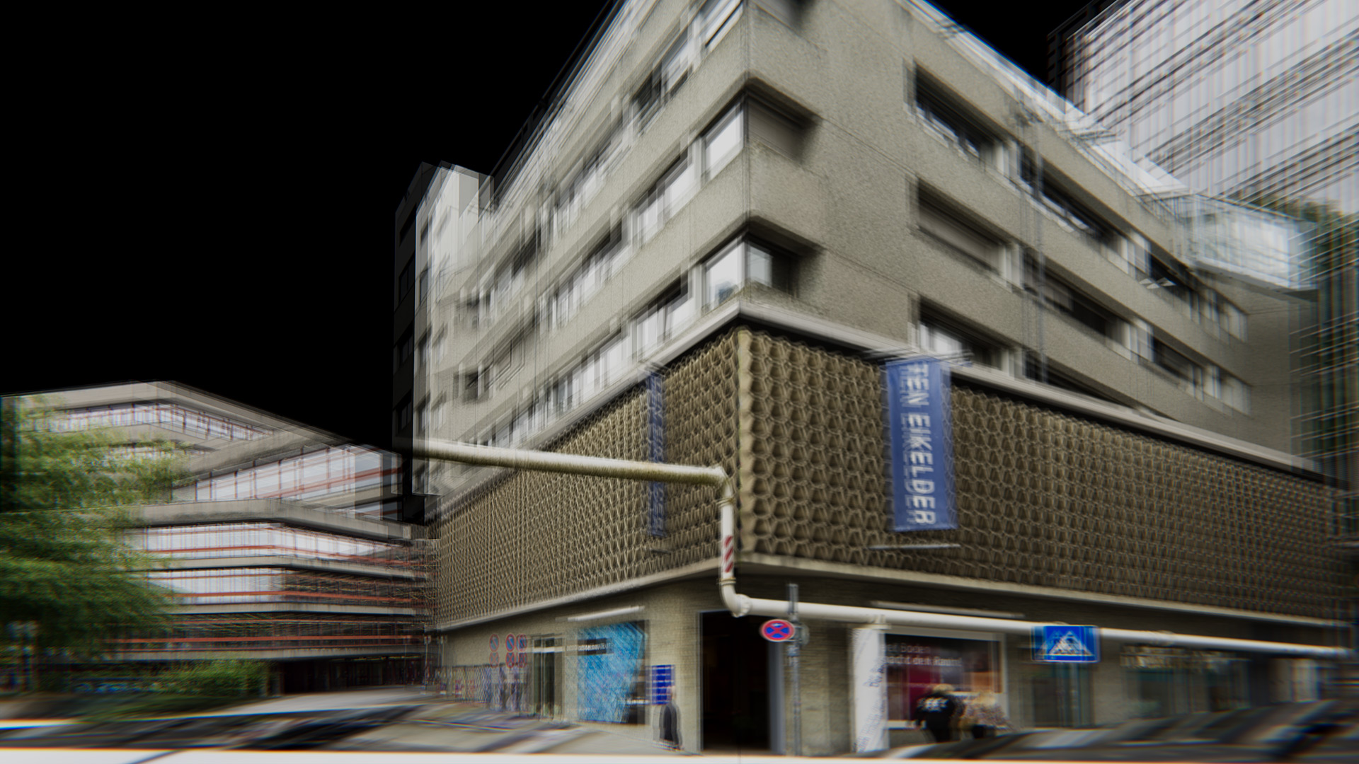 multiexposure of building viewed from different angles with black background