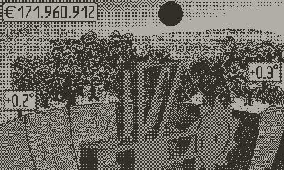 a illuminated microscope on a table with a chair in a dark exhibition space